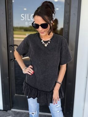 Double Zero Washed Black Ruffle-Hem Women's Tee